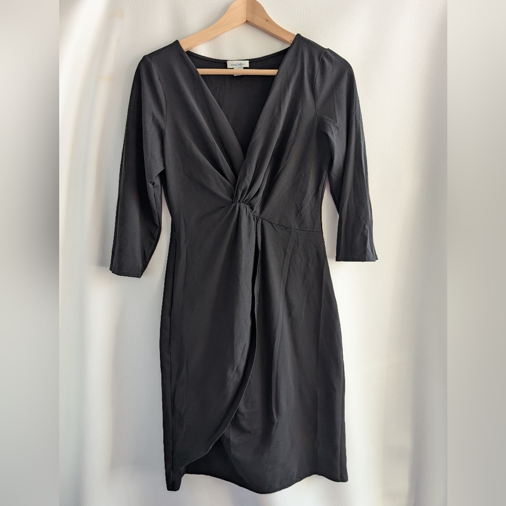 Sundance Faux Wrap Cotton Blend V-Neck Black Dress 3/4 Sleeves - M
